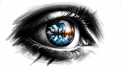 瞳に映る景色　目のアップ　ドラマチック　芸術的な表現　