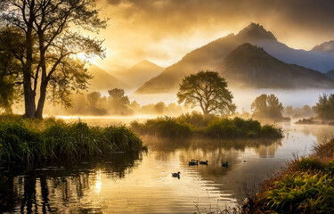 Fabulous misty morning scene of nature. View of Forest lake in highland with rocky peak on background. Amazing natural summer scenery