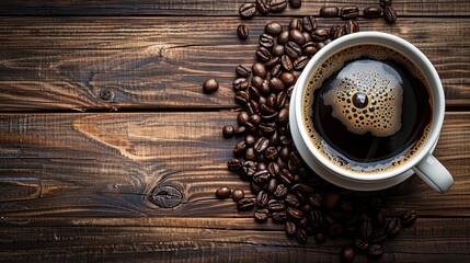 Overhead view of a steaming white cup of black coffee with a natural swirl, coffee beans on a...