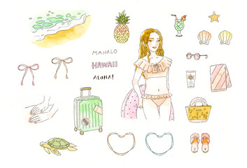 アナログ透明水彩イラスト　水着の女性とハワイ旅行モチーフのイラストレーションセット