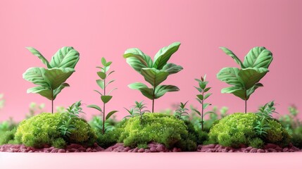 3D illustration of minimalistic growing small trees on a pink background, in the colors of the 1920s, in a pastel aesthetic.