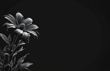 black background for epitaph. Solemn backdrop with detailed dark blossoms, commemorating lost ones, expressing condolences. sorrow, grief, and remembrance