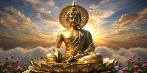 Obraz premium Thai golden buddha statue and lotus flower. heaven background