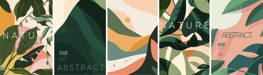 Tropical abstract nature. Vector aesthetic modern illustration of leaves, plants, landscape for interior poster, card, pattern or background