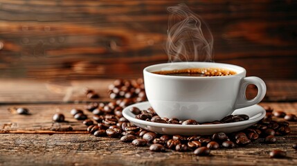 Steaming black coffee in a white cup with a natural swirl, surrounded by coffee beans on a...