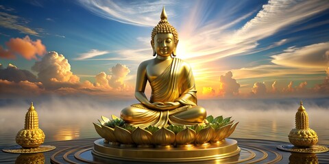 Thai golden buddha statue and lotus flower. heaven background