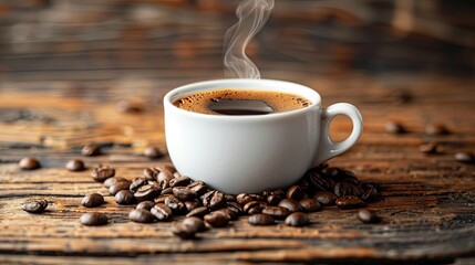Steaming black coffee in a white cup with a natural swirl, surrounded by coffee beans on a weathered wooden background