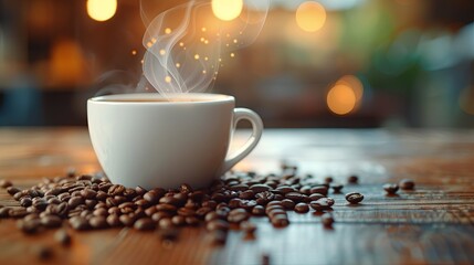 Steaming black coffee in a white cup with a natural swirl, surrounded by coffee beans on a...