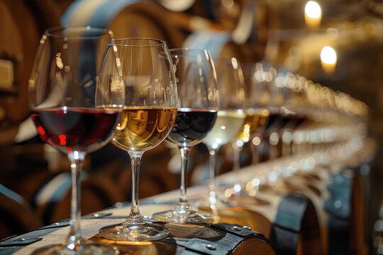 A wine tasting event in an elegant cellar, guests sampling glasses of red and white wine, wooden barrels in the background, showcasing the social aspect of wine culture.