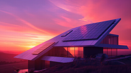 Obraz premium A cutting-edge home with sleek solar panels on its roof, capturing solar energy to generate electricity, set against the backdrop of a vibrant and colorful sunset, the home features.