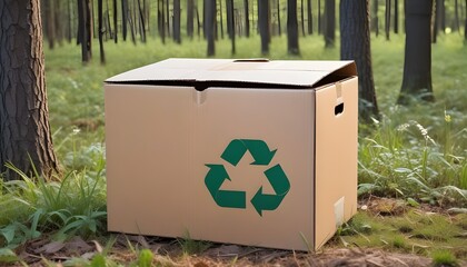 Cardboard box with a recycling sign on a forest background.