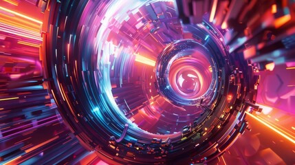 Vibrant abstract digital tunnel with neon lights, representing futuristic technology and innovation...
