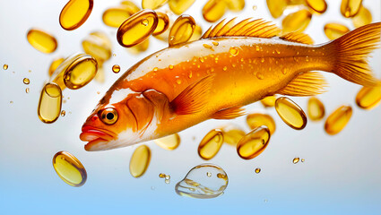 Fish oil.Golden fish in fish oil capsules on a white background with a blue gradient.Omega fatty acids. Fatty acids in nutrition.Dietary supplements. Vitamins and minerals in nutrition
