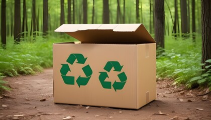 Cardboard box with a recycling sign on a forest background.