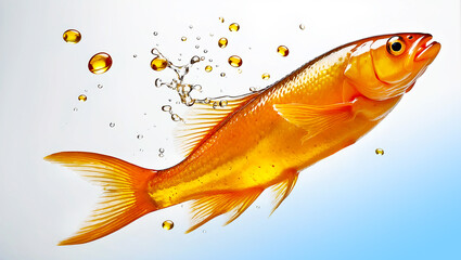 Fish oil. fish swimming in fish oil capsules on a white background with a blue gradient.Fatty acids in nutrition.Dietary supplements. Omega fatty acids.
