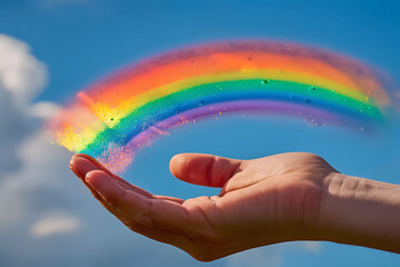 A hand holding up a rainbow under the blue sky and white clouds.