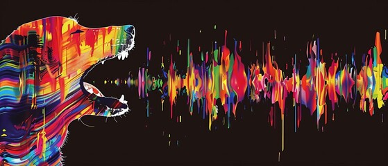 Vibrant abstract painting of a dog barking, creating colorful sound waves in a dynamic and artistic digital illustration.