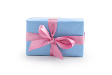 Blue paper present box with pink ribbon bow isolated on white background
