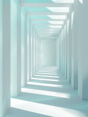 Beautiful airy widescreen minimalistic white and light blue architectural background banner with tilted columns. AI generated.