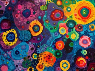 Naklejka premium Vibrant abstract painting with colorful circular patterns and varied textures, creating a dynamic and lively artistic composition.