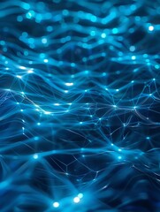 Blue abstract background with a cyber network grid and connected particles.