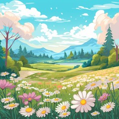 Fototapeta premium A serene meadow with blooming flowers and a picturesque landscape of mountains and trees under a clear blue sky.