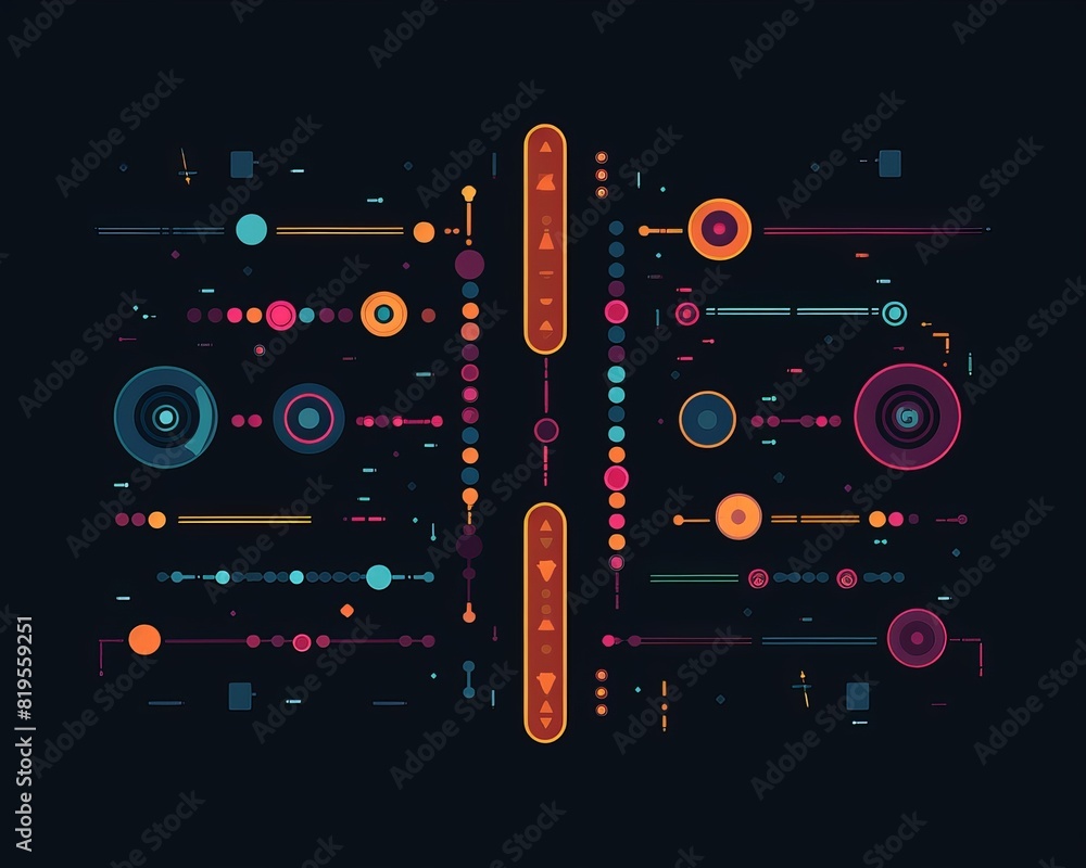 Poster abstract futuristic data visualization with colorful neon geometric shapes on a dark background, per