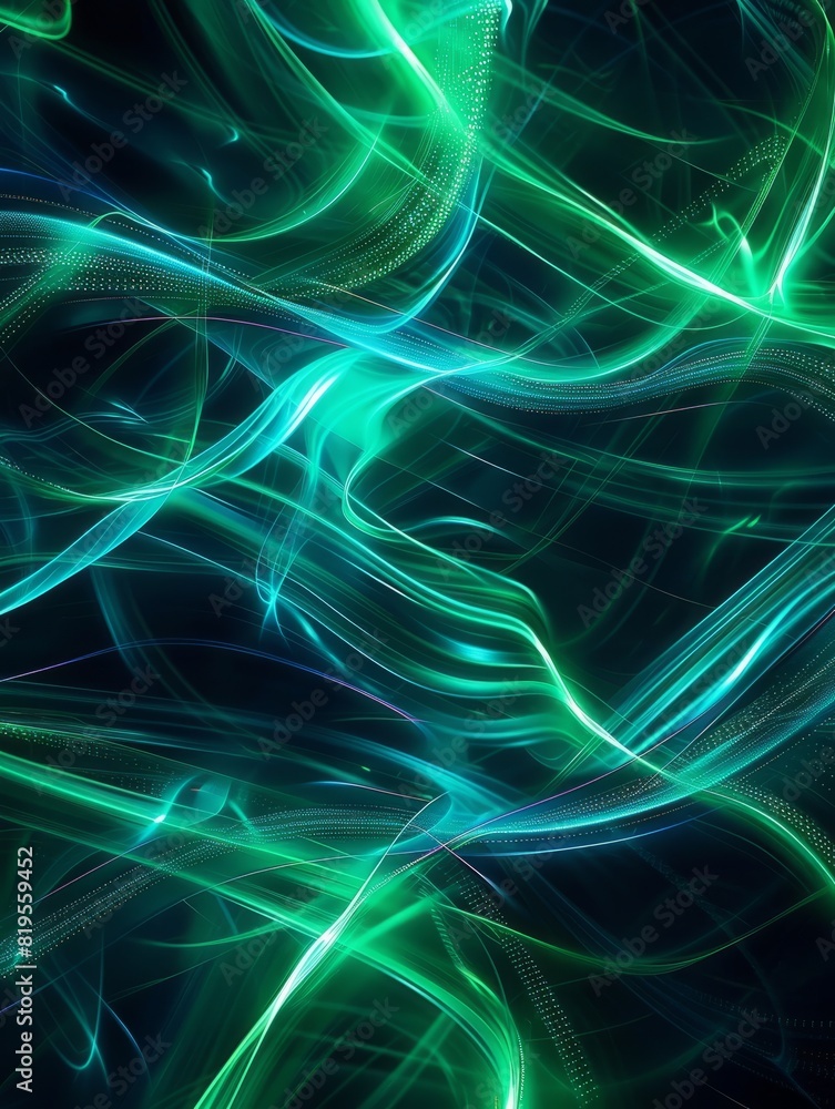Poster dynamic neon light streams with a futuristic glow, intersecting in a display of vibrant blue and gre