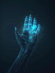 Digital hand hologram on dark background with copy space. Neural network connection. Communication with artificial intelligence. Created with Generative AI