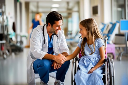 A friendly doctor interacting with a young girl in a wheelchair in a hospital corridor, showcasing pediatric care and medical support.