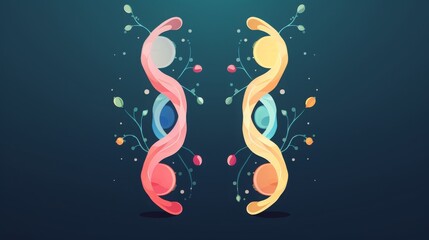 Obraz premium Colorful abstract illustration of DNA strands with vibrant background symbolizing genetics and molecular biology.
