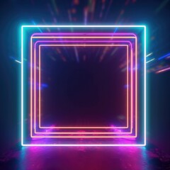 Glowing neon square light frame with vibrant color on dark background with reflective floor. Glowing electric neon light in square shape. Modern design for advertising and creative concepts. AIG35.
