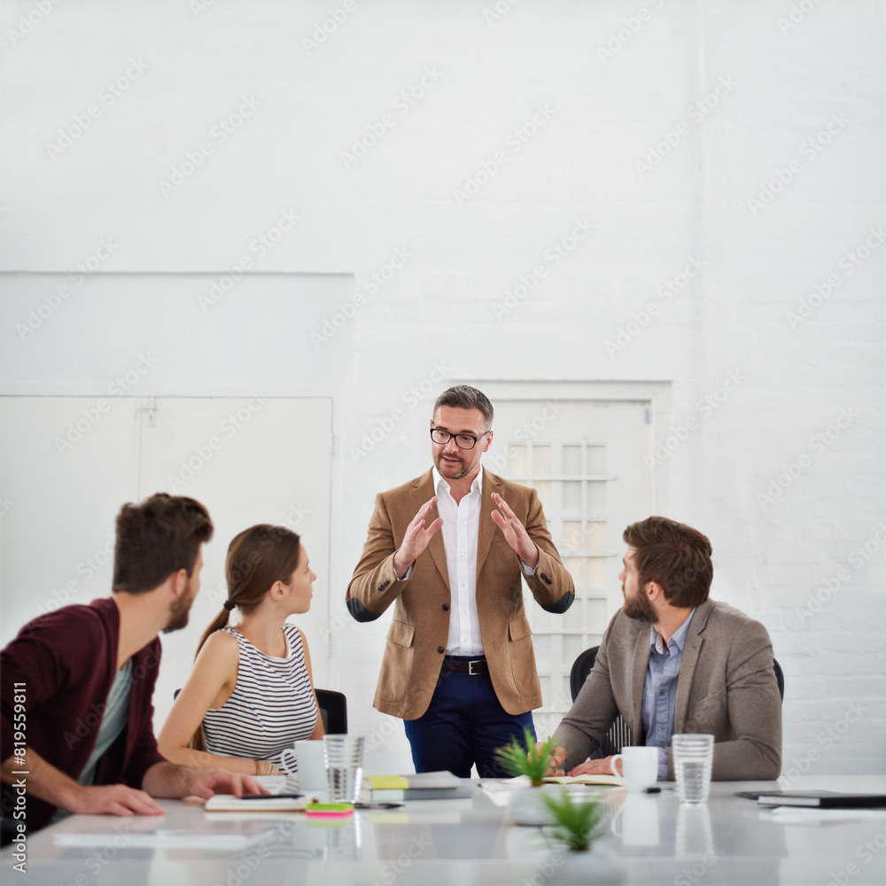 Poster business people, meeting and discussion in boardroom for strategy for project updates, information a