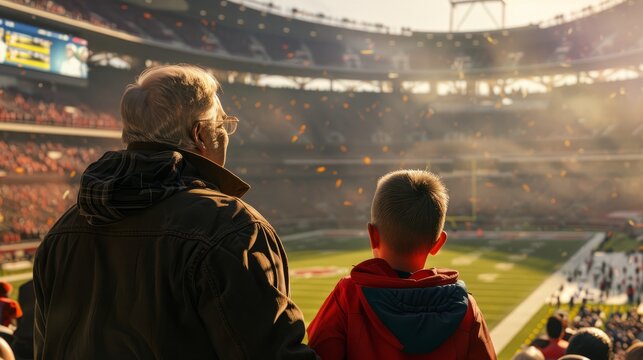 Grandfather and grandson at an outdoor football stadium among other fans watching the game