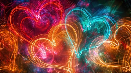 A dynamic and vibrant pattern of neon hearts, creating an energetic and festive atmosphere for Valentine's Day celebration. The heart shapes in various shades 
