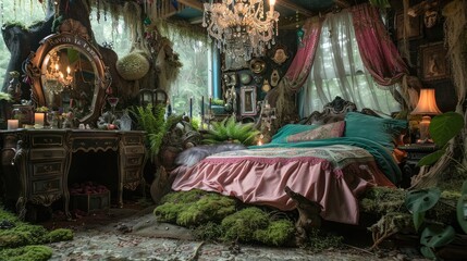 Obraz premium A fairy bedroom in the woods, with pink and green bed sheets on an ornate canopy bed surrounded by mossy tree roots, a large mirror hanging above it, whimsical decor