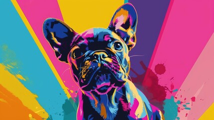 Vibrant pop art portrait of a French Bulldog against a colorful geometric background, expressing modern and unique artistic style.