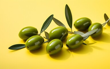 Green olive with leaves, isolated on yellow background