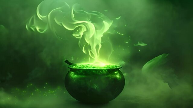 Green cauldron with glowing magical potion emitting smoke.