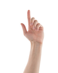 Adult man left hand pointing with index finger isolated