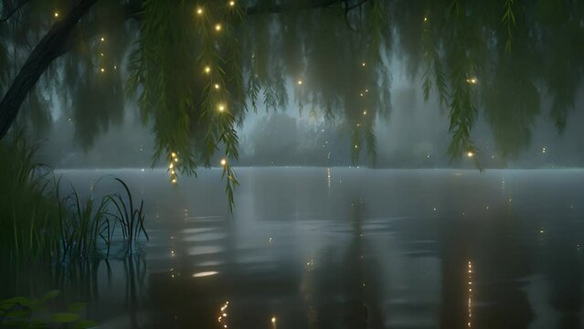 Misty lake with willow trees and glowing fireflies at dusk.