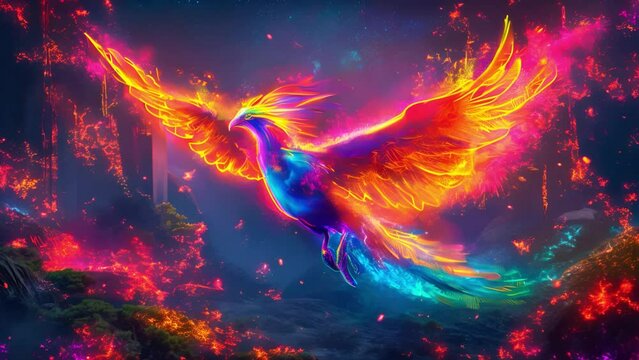 Colorful phoenix with vibrant flames and glowing feathers flying over a mystical landscape.
