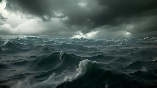 Stormy ocean waves under dark cloudy sky.