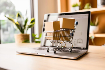 Image of a miniature shopping cart filled with delivery boxes placed on a laptop, representing the concept of online shopping and e-commerce.