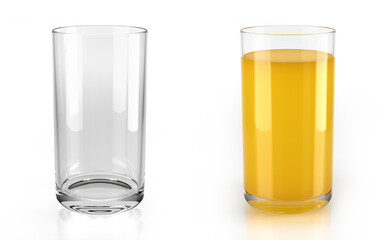 Set of glasses of fruit juice on white background. One clear empty glass and one glass with yellow juice. 3d illustration