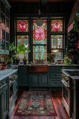 A gothic style kitchen with stained glass windows depicting pink lotus flowers, dark green cabinets and black walls, potted plants on the countertop, warm lighting, vibrant colors, and intricate