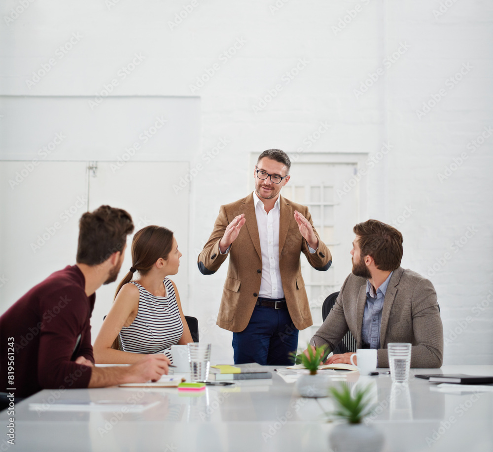 Wall mural Business people, meeting and discussion in office for strategy for project management, information and client feedback. Teamwork, conversation and creative ideas for collaboration on company task.