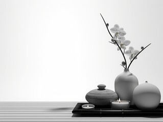 Elegant black and white still life with vases, candles, and orchid branch captured in a serene,...