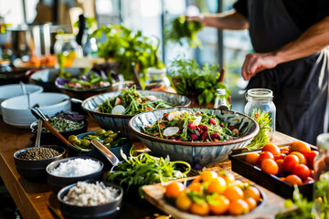 Obraz premium A chef preparing a variety of fresh salads with vibrant vegetables and herbs in a modern kitchen setting. Perfect for healthy eating and culinary themes.