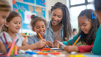  portrays a vibrant classroom where a group of children eagerly engages in an art project with their teacher, colorful supplies scattered around the table, the scene brimming with creativity.